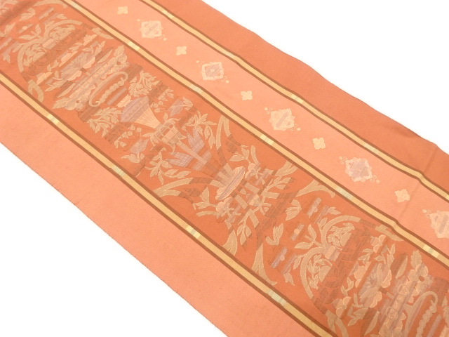 縞に草花模様織り出し袋帯